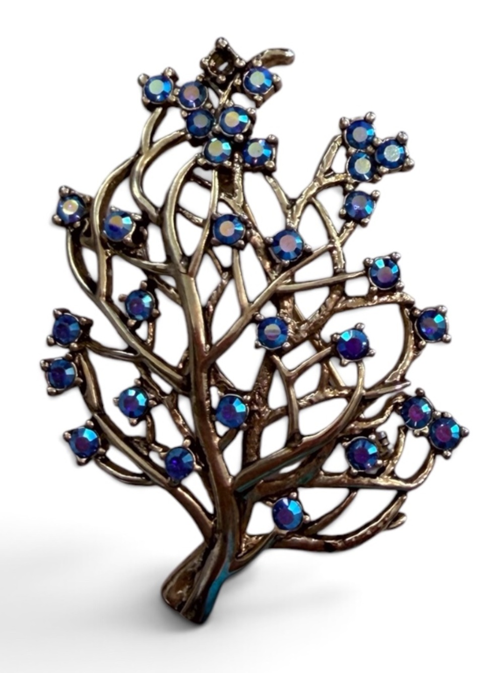 Vintage Blue Rhinestone Tree Brooch – Silver‑Tone Branch Design